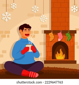 Relájese mientras toma café caliente mientras llueve la nieve afuera.