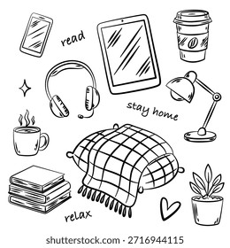 Relax time at home. Elements for education or relax. Read books, relax at home concept. Hand-drawn black and white line art perfect for lifestyle designs