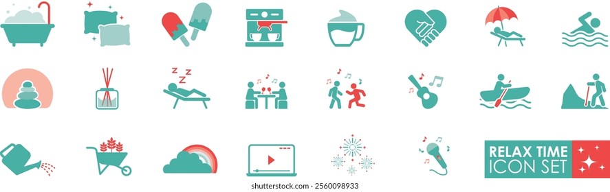 Relax time icons set in solid style, contain relaxation, well-being, dreaming, massage, spa, sleep, and more