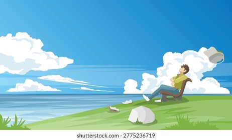 Relax time of man sits alone on a chair outdoors on a grassy hill. hat blew away in the wind, and shoes had to be left behind. Vast ocean backdrop beneath a blue sky and white clouds.