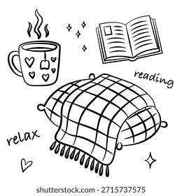 Relájate con la lectura. Elementos para la educación o relajarse. Leer más concepto de libros. Dibujado a mano en blanco y negro línea de arte perfecto para diseños de estilo de vida