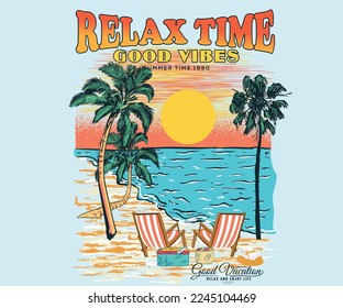 Tiempo de descanso, arte de camisetas de las vibraciones de verano. Árbol de palma, diseño gráfico de cartón. Disfrute del diseño vectorial de verano.