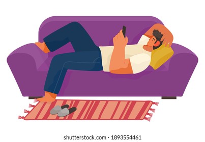 Relax time, young man using phone lying on sofa or couch at home, guy relaxing with smartphone rest on pillow, person wasting time in internet, have recreation, adult chatting with friends online