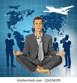 Relax travel concept. Vector businessman in lotus pose meditating