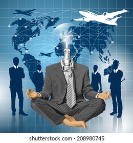 Relax travel concept. Vector lamp head businessman in lotus pose meditating