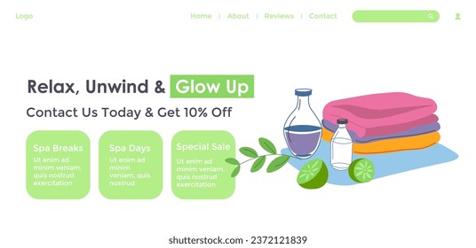 Relax and unwind, glow up. Wellness and spa treatments with discount and sale. Relieve stress and enhance physical and mental well being. Website landing page template, internet site. Vector in flat 