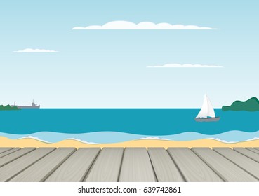 Relax vector background. Summer landscape. sand and sea and sky. calm waves on the beach. Blue sky and quiet sea. Pleasant view. Seasonal summer background. Season card Sailboat and ship silhouettes

