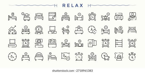 Conjunto de iconos de Vector de relajación. Iconos de línea con trazo editable. Conjunto de iconos de suspensión. Incluye símbolos de línea delgada, ropa de cama, siesta, hora de dormir, cómodo, cama y más.