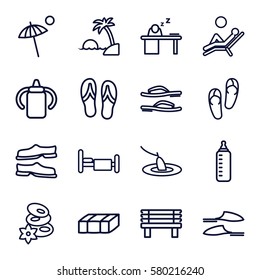 relax vector icons. Set of 16 relax outline icons such as garden bench, baby bottle, flip flops, spa stones, slippers, bench, bed, man sleeping on table, umbrella