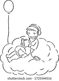 Relax vector illustration, reading books, listening music with cat, sitting on cloud