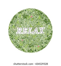 Relax wavy grass decorated badge, hand-drawn vector illustration.
