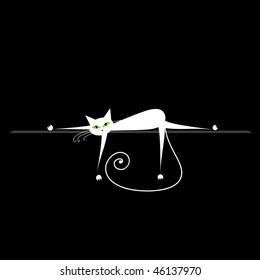 Relax. White cat on black for your design