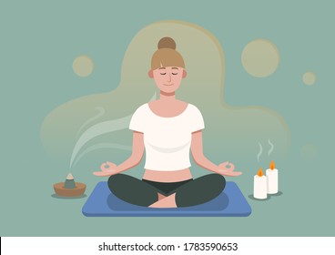 Relax woman closed eyes sitting on mat in lotus position with incense and candles, meditation yoga practicing, vector illustration in flat style