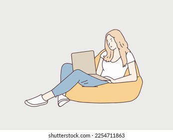 Relax woman with laptop on beanbag simple korean style illustration