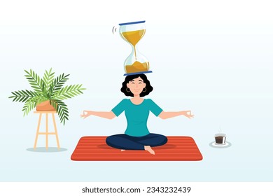 Relax woman sitting with sandglass on her head practicing patience, patience time, practice to concentrate and wait for success, being professional calm and mindfulness thinking, endurance (Vector)