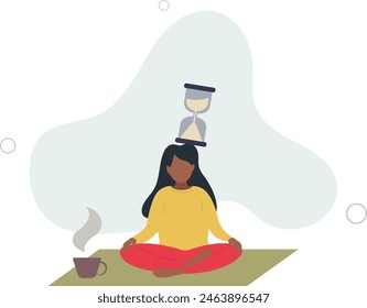 relax woman sitting with sandglass on her head practicing patience.flat vector illustration.