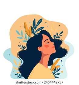 Mujer relajada. Armonía, emoción positiva. Ilustración de salud mental