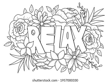 Relax word with floral pattern antistress coloring page for adult in doodle sketch style, vector illustration