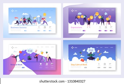 Relax at Work for Business Success Solution Landing Page Set Concept. Businessman Teamwork Social Media Communication. Concentrate on Growth Idea Website or Web Page. Flat Cartoon Vector Illustration