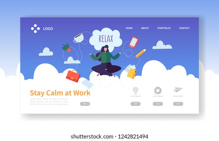 Relax at Work, Coffee Break Landing Page Template. Business Woman Character Relaxing Meditating at Office Work for Web Page or Website. Easy Edit and Customize. Vector illustration