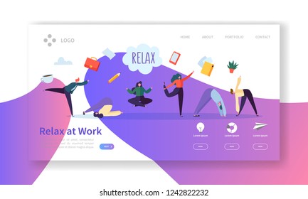 Relax at Work, Coffee Break Landing Page Template. Business People Characters Relaxing Meditating at Office Work for Web Page or Website. Easy Edit and Customize. Vector illustration