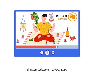 Relax yoga channel web page frame with cartoon character of young man leading broadcast for home yoga exercising, flat vector illustration isolated on white background.