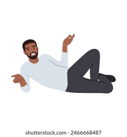 Relax young black man lying in the floor. Flat vector illustration isolated on white background