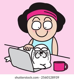 Relax Young Lady With Her Seal Sitting On Laptop Concept Cartoon Characer illustration