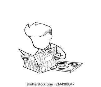 Relax young man reading newspaper while coffee break. Cartoon vector illustration design