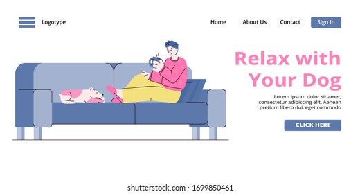 Relax with your dog - flat banner with cartoon man and sleeping puppy on sofa