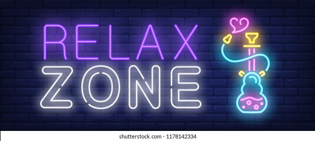 Relax zone neon sign. Hookah with heart shaped smoke on brick wall background. Vector illustration in neon style for lounge, club, date