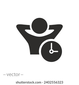 relaxation after work icon, free time, hands behind head, flat on white background -flat vector illustration