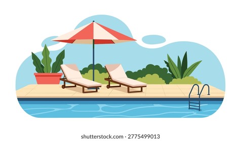 Relaxation area by a swimming pool featuring comfortable lounge chairs under a sun umbrella with tropical plants and blue water.