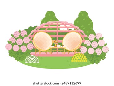 Relaxation area in the garden with a gazebo, wicker armchairs and a tea table. A spherical pavilion with a tea table and large cozy armchairs among blooming plants in the garden.