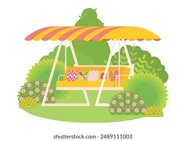 Relaxation area in the garden with swings. Beautiful comfortable recreation zone for outdoor  leisure. Swing with a soft sofa under a canopy in nature