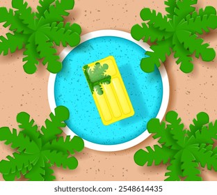 Zona de relajación cerca de la piscina. Piscina redonda, palmeras y colchón inflable amarillo del flotador. Vista superior. Ilustración vectorial