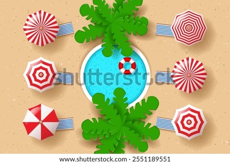 Relaxation area near the pool. Round swimming pool, palm trees, life buoy, and beach chairs. Top view. Summertime concept