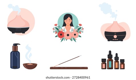 Relaxation and aromatherapy set featuring diffusers incense sticks essential oil bottles and a woman among red flowers.