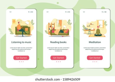Relaxation Banner Set. Woman Read Book on Couch. Man in Headphones Listening to Music from Mobile Phone. Man in Lotus Position Meditation Yoga Practice at Home. Free Time Hobby, Leisure
