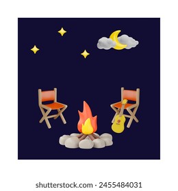 Relaxation by campfire with guitar against of the night sky with the moon and stars 3D vector illustration. Realistic folding chair, burning bonfire. Render camping, picnic, tourism concept on black
