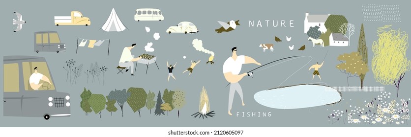 Relaxation. Camping. Set of cute summer vector elements with fishing, lake, nature, trees, cars, kids for print, design, poster, banner, postcard, design, stickers.