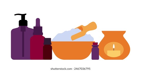 Relaxation composition - bath salt, essential oil, aroma lamp, lotion. Home spa concept. Modern minimalist illustration. Clean simple style. Isolated on white