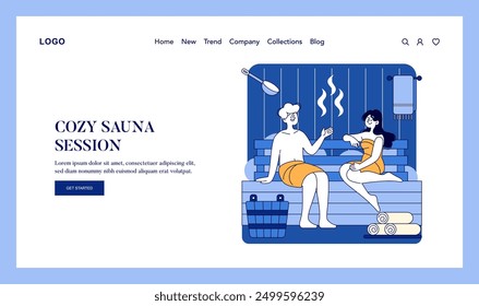 Relaxation concept. A couple enjoying a soothing sauna session together, unwinding amidst steam and warmth. Modern linear design. Vector illustration.