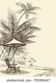 Relaxation concept. Hand drawn tropical background, beach, palm trees, umbrella and chair