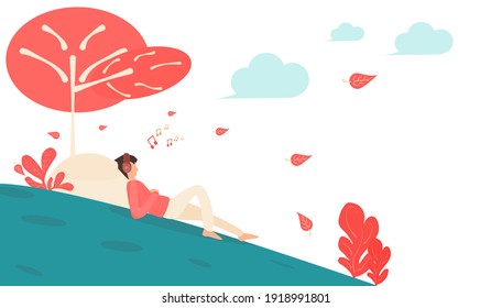 Relaxation concept. A man who sleeps listening to music happily under a tree. Vector flat style. Illustration content of person, man sleeping and listening music, holidays, lifestyle, free time 