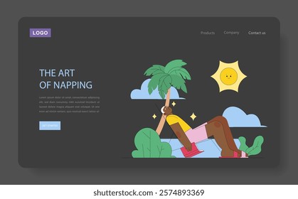 Relaxation concept. A serene person enjoying a nap under a whimsical sun and tropical tree. Embracing tranquility in a peaceful setting. Vector illustration.