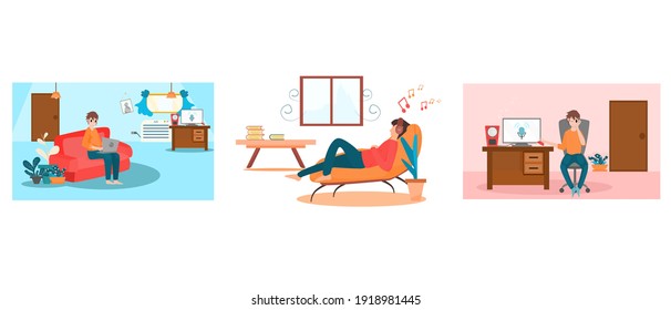 Relaxation concept. Set. A Happy man sitting on a sofa working on a laptop, young man who is listening to music, a man listening to music in the living room in front of a computer. Vector lifestyle holiday