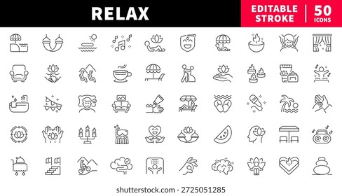 Conjunto de iconos de línea editable de relajación. símbolos de spa y bienestar