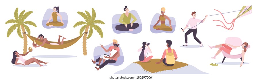 Relaxation flat set of people having summer vacation on ocean coast isolated vector illustration