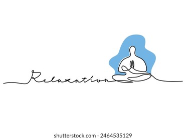 Relaxation handwritten inscription with meditation people. One line drawing of phrase hand writing calligraphy card lettering isolated on white background.